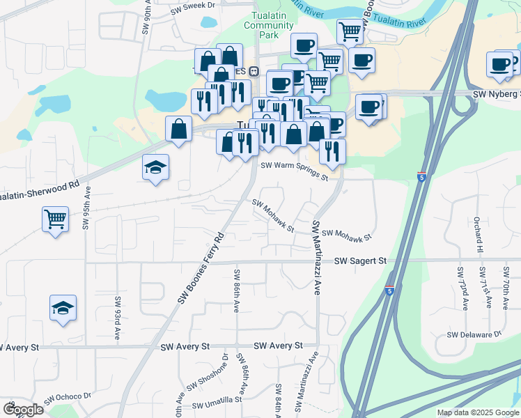 map of restaurants, bars, coffee shops, grocery stores, and more near 8506 Southwest Mohawk Street in Tualatin