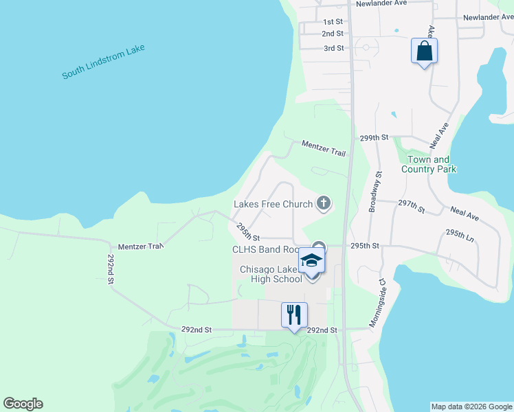 map of restaurants, bars, coffee shops, grocery stores, and more near 29608 Shoreview Circle in Lindstrom