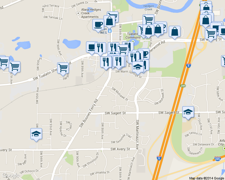 map of restaurants, bars, coffee shops, grocery stores, and more near 8496 Southwest Mohawk Street in Tualatin