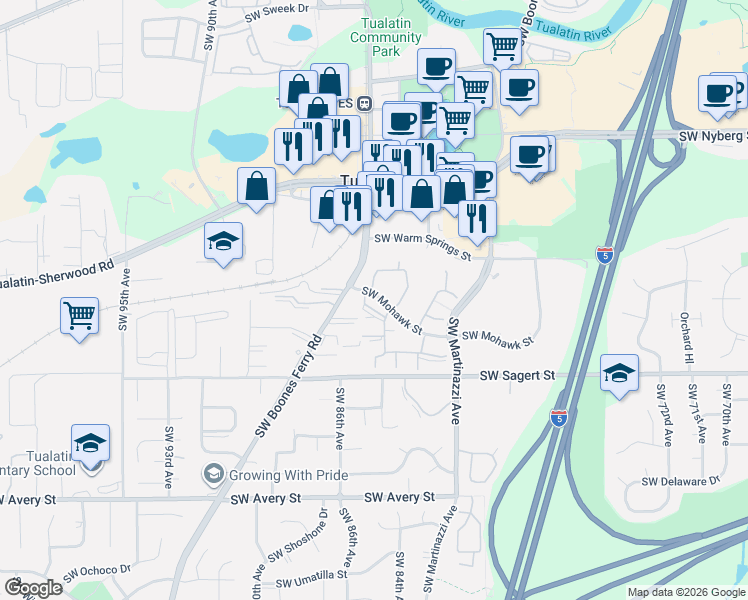 map of restaurants, bars, coffee shops, grocery stores, and more near 8496 Southwest Mohawk Street in Tualatin