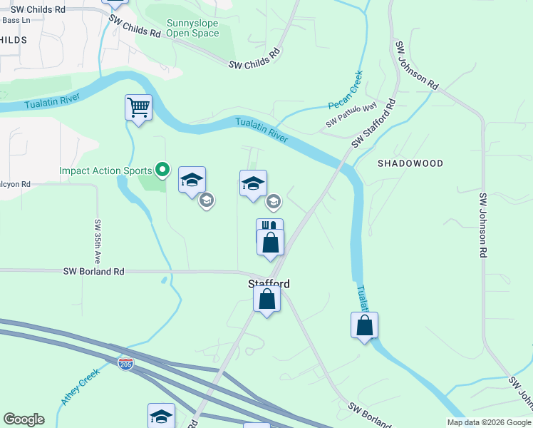 map of restaurants, bars, coffee shops, grocery stores, and more near 19875 Southwest Stafford Road in West Linn