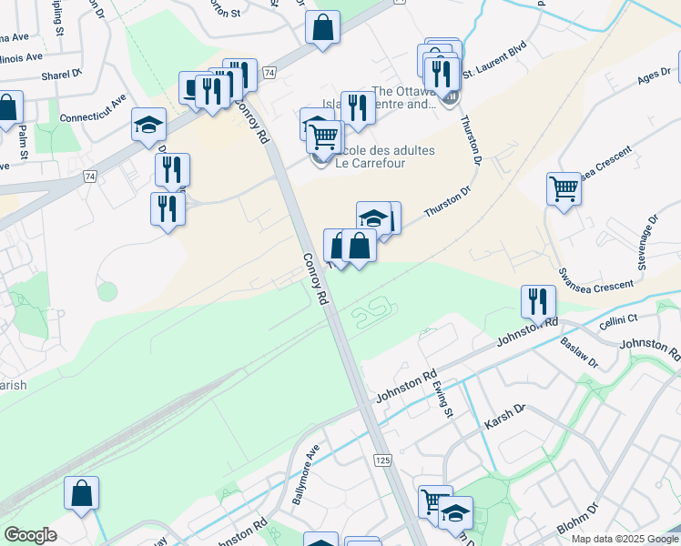 map of restaurants, bars, coffee shops, grocery stores, and more near 5-2000 Thurston Drive in Ottawa
