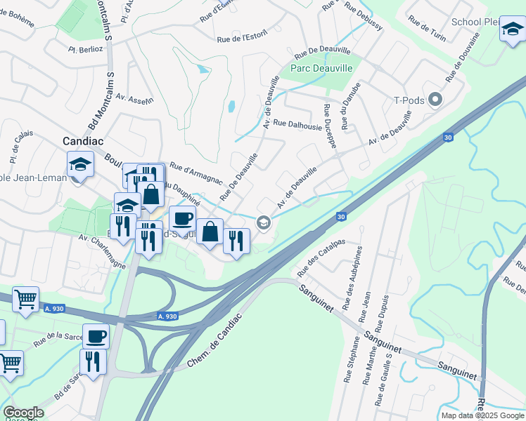 map of restaurants, bars, coffee shops, grocery stores, and more near 41 Rue Dumouchel in Candiac