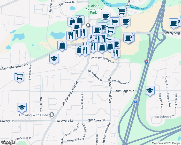 map of restaurants, bars, coffee shops, grocery stores, and more near 8506 Southwest Mohawk Street in Tualatin