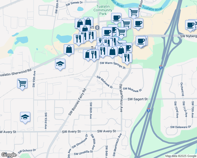 map of restaurants, bars, coffee shops, grocery stores, and more near 8506 Southwest Mohawk Street in Tualatin
