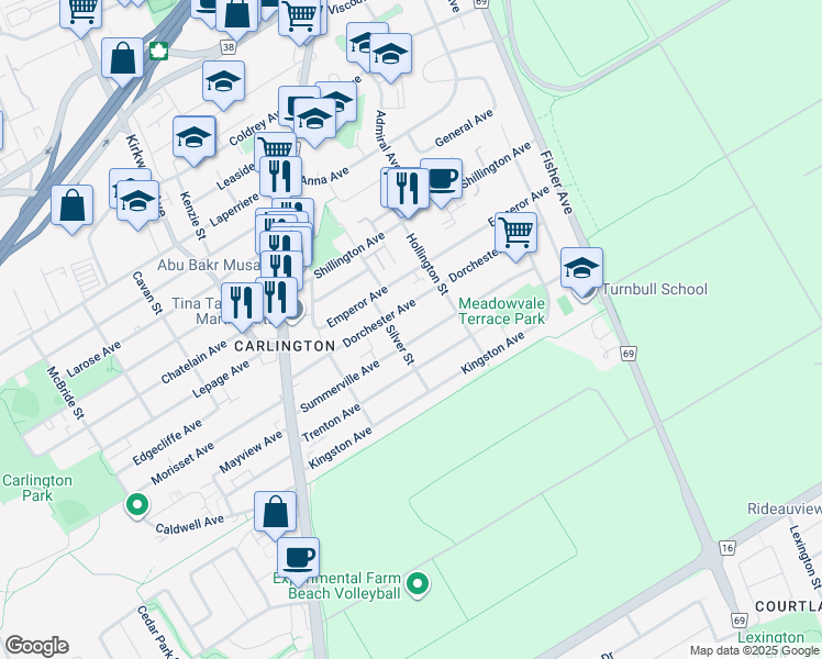 map of restaurants, bars, coffee shops, grocery stores, and more near 1276 Dorchester Avenue in Ottawa