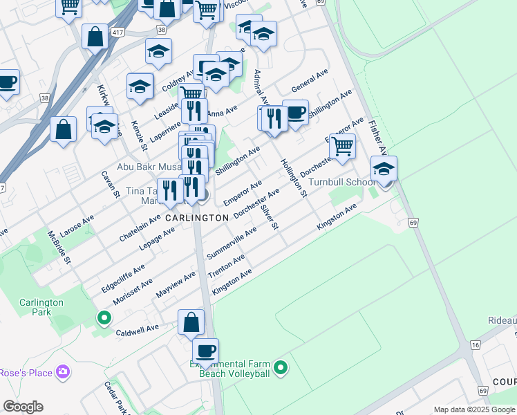 map of restaurants, bars, coffee shops, grocery stores, and more near 1276 Dorchester Avenue in Ottawa