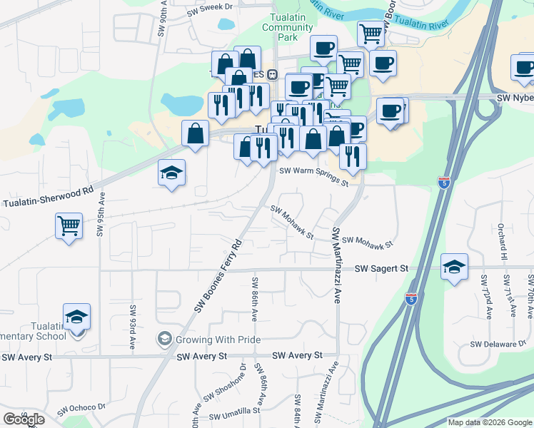 map of restaurants, bars, coffee shops, grocery stores, and more near 8506 Southwest Mohawk Street in Tualatin