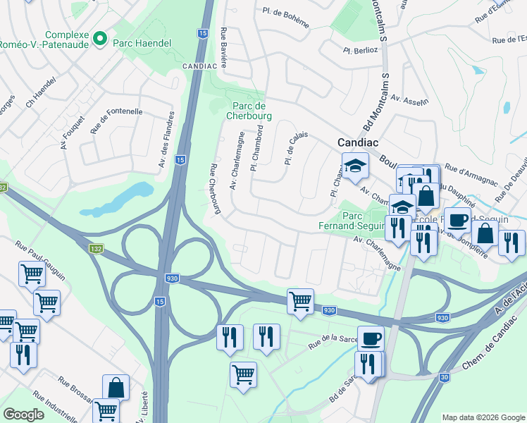 map of restaurants, bars, coffee shops, grocery stores, and more near 134 Avenue Charlemagne in Candiac