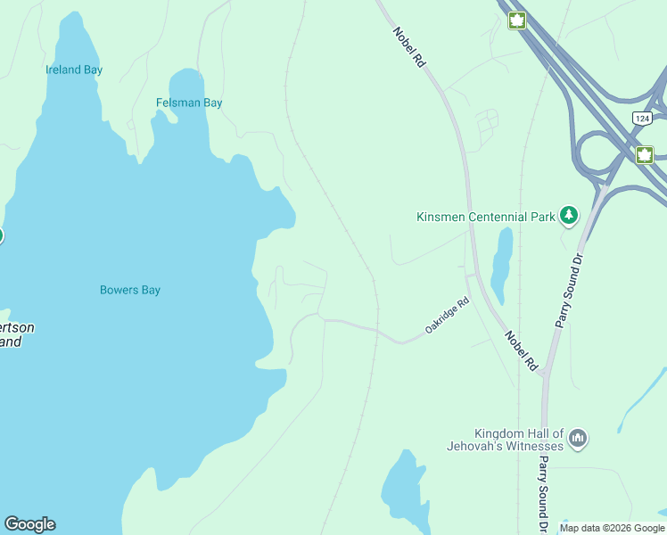 map of restaurants, bars, coffee shops, grocery stores, and more near 19 Oakridge Road North in Parry Sound