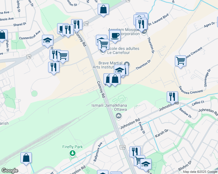 map of restaurants, bars, coffee shops, grocery stores, and more near 5-2000 Thurston Drive in Ottawa