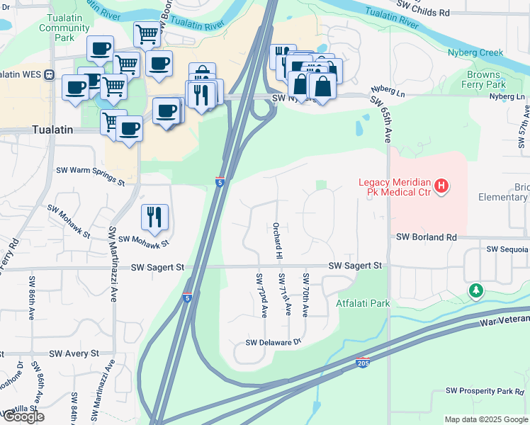 map of restaurants, bars, coffee shops, grocery stores, and more near 7179 Southwest Sagert Street in Tualatin