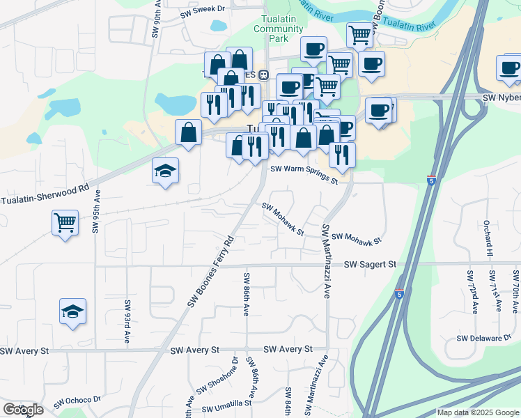map of restaurants, bars, coffee shops, grocery stores, and more near 8506 Southwest Mohawk Street in Tualatin