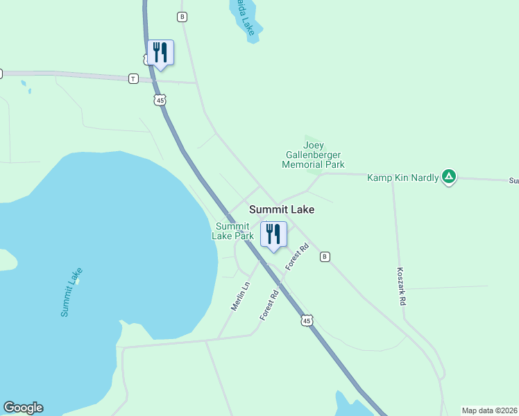 map of restaurants, bars, coffee shops, grocery stores, and more near N9597 Alcedo Street in Summit Lake