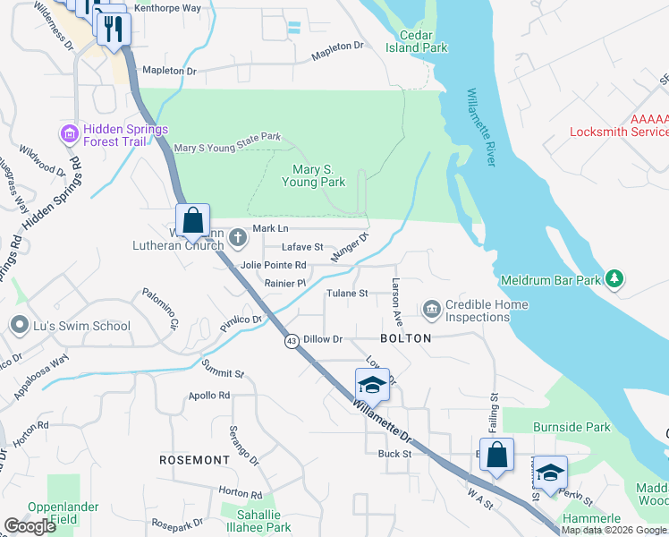 map of restaurants, bars, coffee shops, grocery stores, and more near 2561 Jolie Pointe Road in West Linn