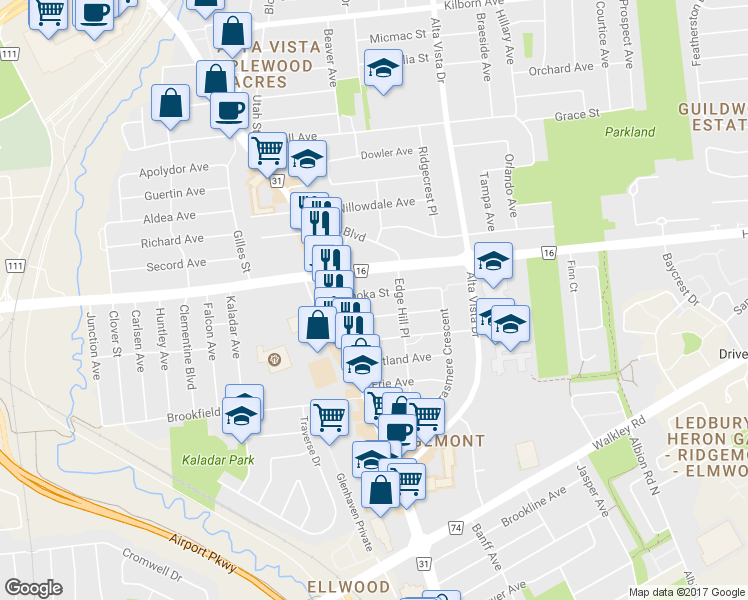 map of restaurants, bars, coffee shops, grocery stores, and more near in Ottawa