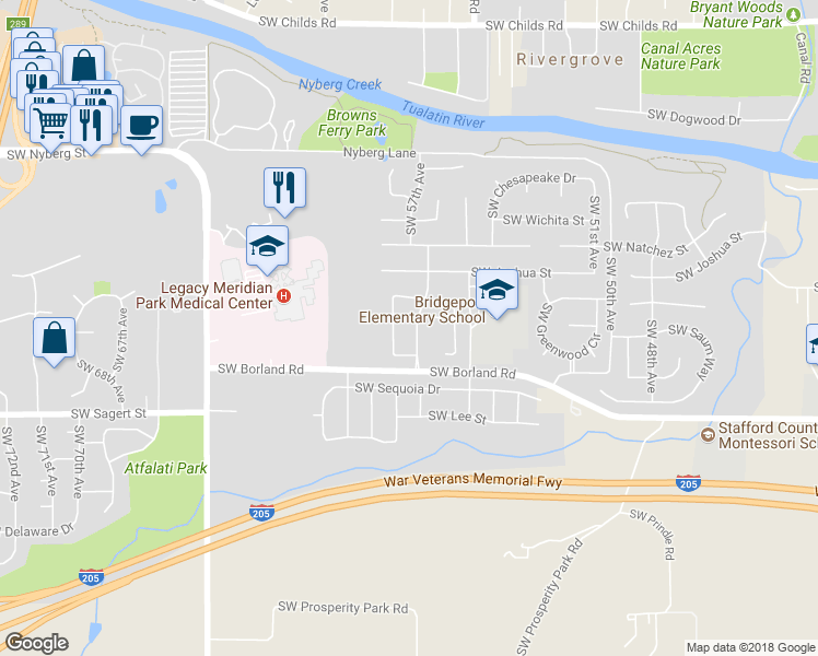 map of restaurants, bars, coffee shops, grocery stores, and more near 19669 Southwest 57th Avenue in Tualatin