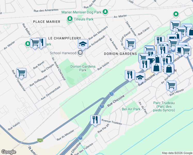 map of restaurants, bars, coffee shops, grocery stores, and more near 622 Rue Valois in Vaudreuil-Dorion