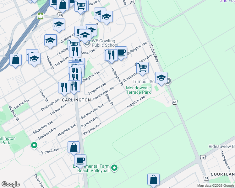 map of restaurants, bars, coffee shops, grocery stores, and more near 1247 Summerville Avenue in Ottawa