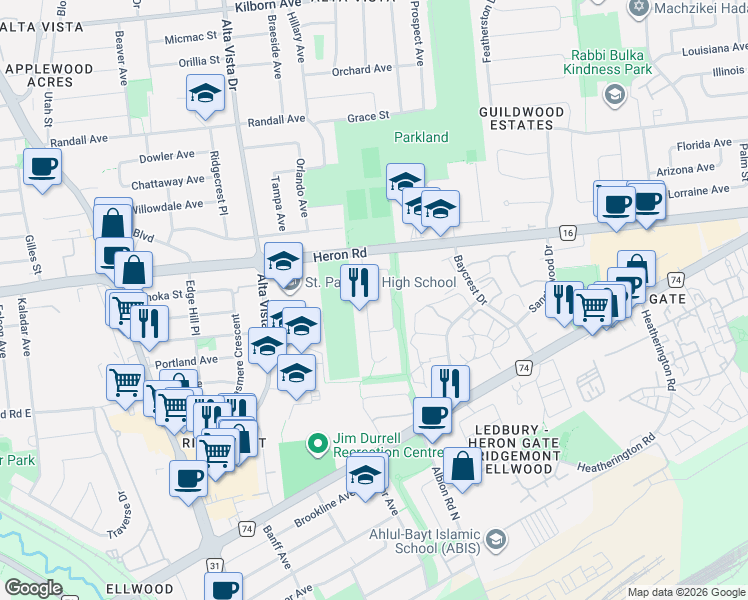 map of restaurants, bars, coffee shops, grocery stores, and more near 122 Finn Court in Ottawa