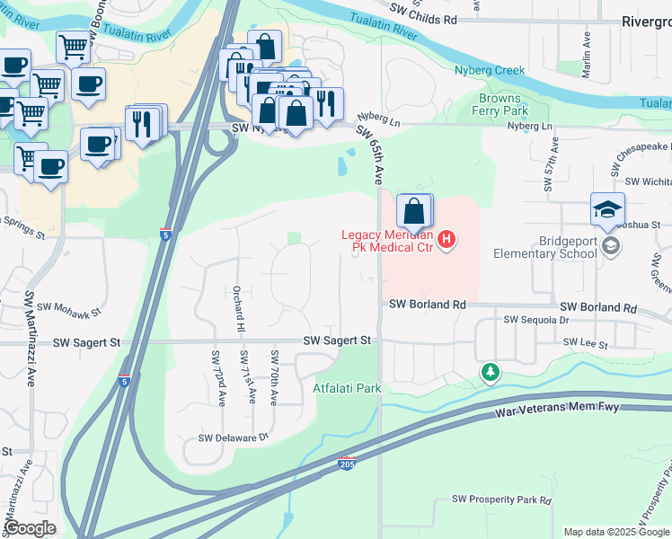map of restaurants, bars, coffee shops, grocery stores, and more near 6685 Southwest Sagert Street in Tualatin