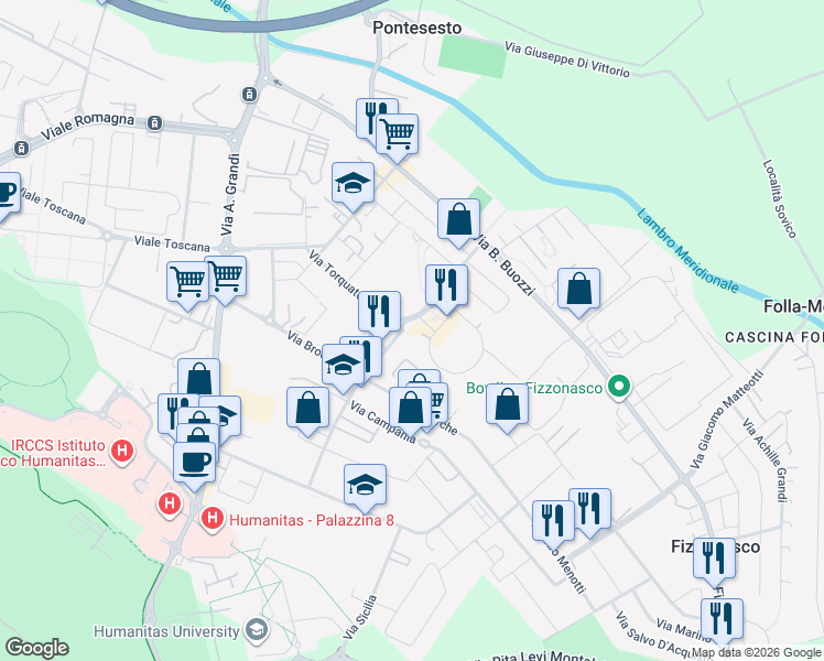 map of restaurants, bars, coffee shops, grocery stores, and more near 15 Via Vittorio Alfieri in Rozzano