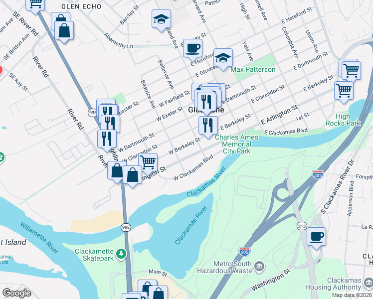 map of restaurants, bars, coffee shops, grocery stores, and more near 255 West Berkeley Street in Gladstone