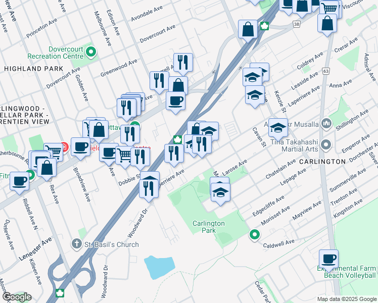 map of restaurants, bars, coffee shops, grocery stores, and more near 885 Churchill Avenue South in Ottawa
