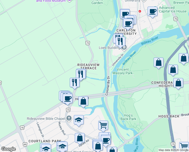 map of restaurants, bars, coffee shops, grocery stores, and more near 32 Rideauview Terrace in Ottawa
