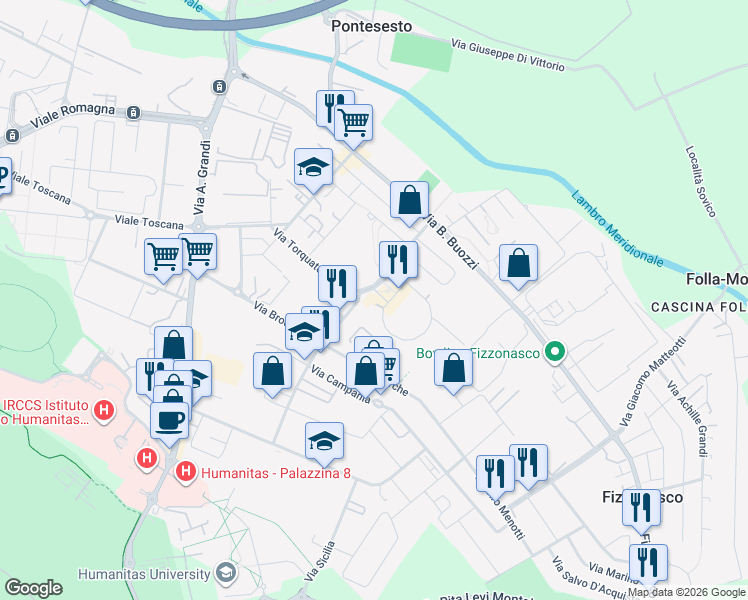 map of restaurants, bars, coffee shops, grocery stores, and more near 15 Via Vittorio Alfieri in Rozzano