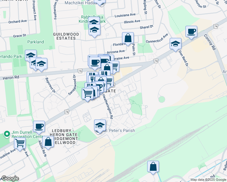 map of restaurants, bars, coffee shops, grocery stores, and more near 1660 Walkley Road in Ottawa