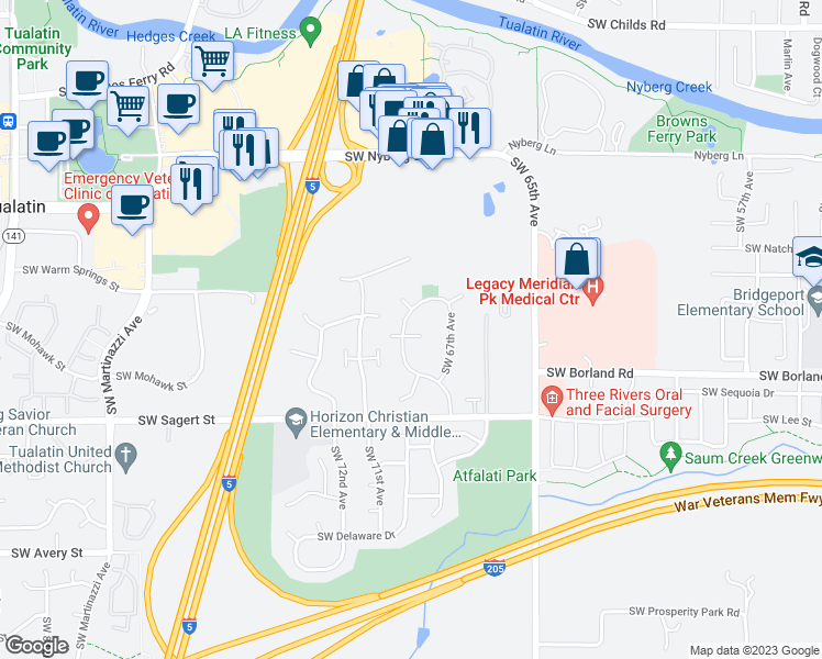 map of restaurants, bars, coffee shops, grocery stores, and more near 6925 Southwest Napa Court in Tualatin