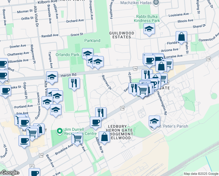 map of restaurants, bars, coffee shops, grocery stores, and more near Baycrest Dr & Cedarwood Dr in Ottawa