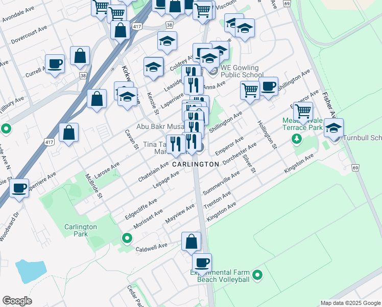 map of restaurants, bars, coffee shops, grocery stores, and more near in Ottawa