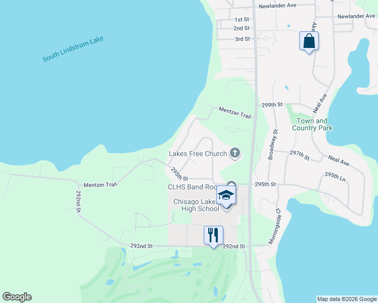 map of restaurants, bars, coffee shops, grocery stores, and more near 29608 Shoreview Cir in Lindstrom