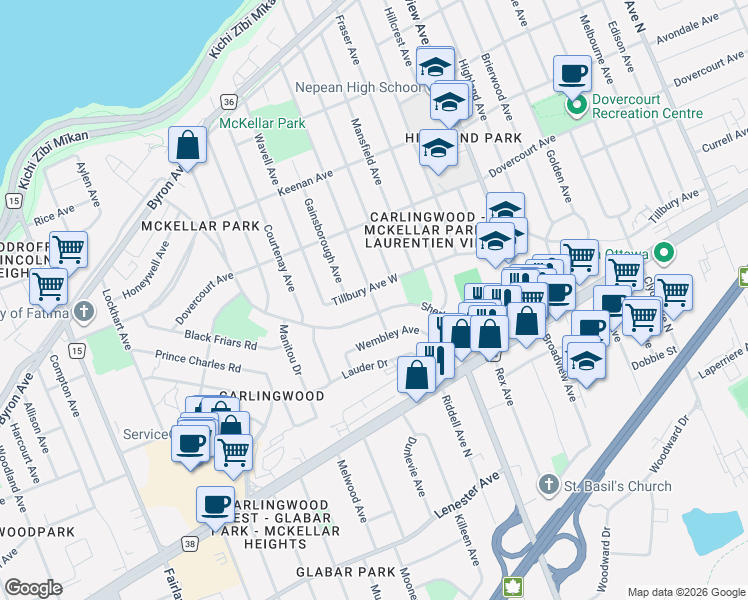 map of restaurants, bars, coffee shops, grocery stores, and more near 581 Windermere Avenue in Ottawa