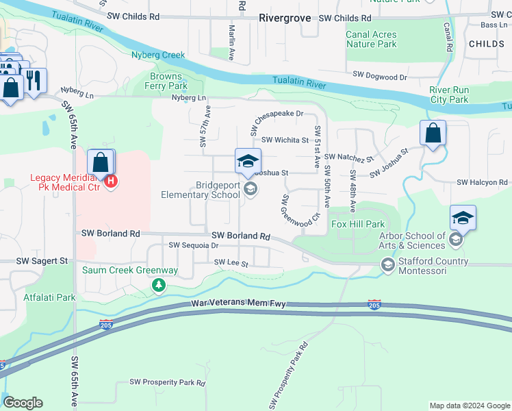 map of restaurants, bars, coffee shops, grocery stores, and more near 5505 Southwest Borland Road in Tualatin