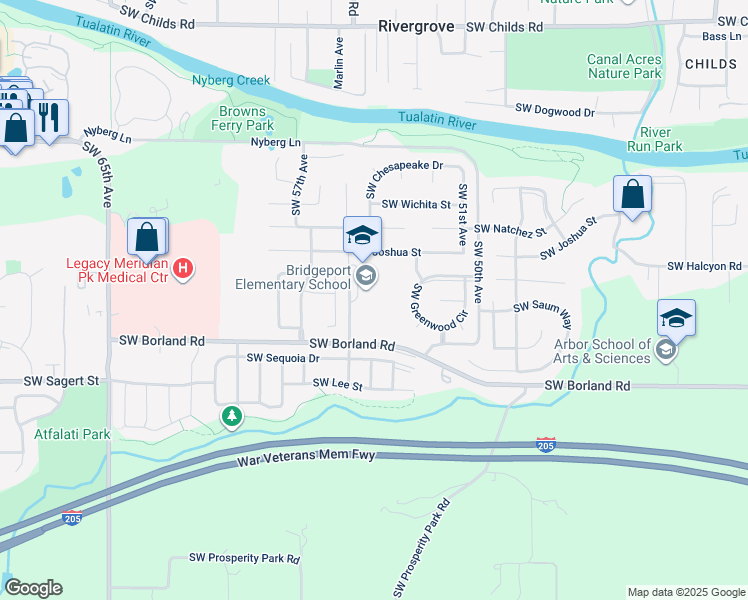 map of restaurants, bars, coffee shops, grocery stores, and more near 5505 Southwest Borland Road in Tualatin