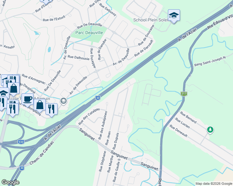 map of restaurants, bars, coffee shops, grocery stores, and more near 249 Rue Jean in Saint-Philippe