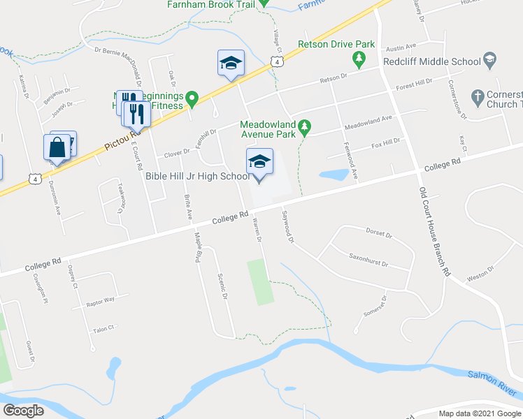 map of restaurants, bars, coffee shops, grocery stores, and more near 736 College Road in Bible Hill