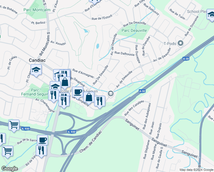 map of restaurants, bars, coffee shops, grocery stores, and more near 30 Rue Dumouchel in Candiac