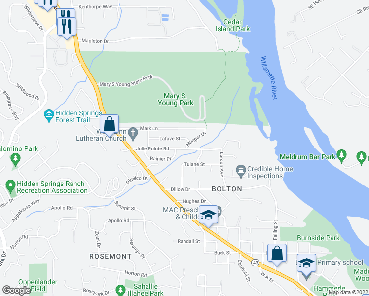 map of restaurants, bars, coffee shops, grocery stores, and more near 2561 Jolie Pointe Road in West Linn