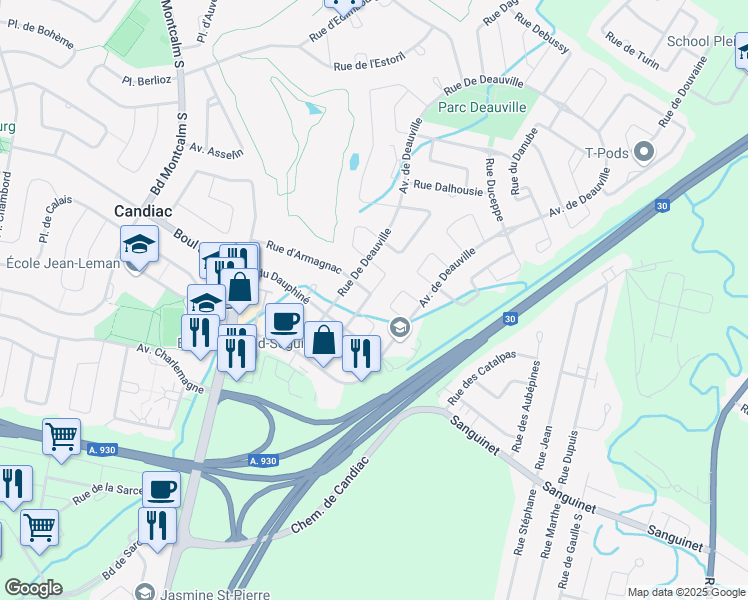 map of restaurants, bars, coffee shops, grocery stores, and more near 14 Rue Desjardins in Candiac