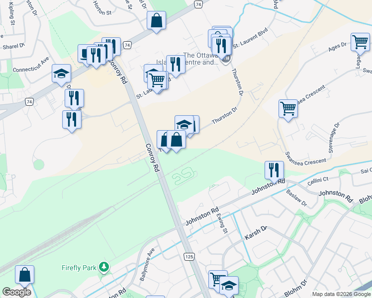 map of restaurants, bars, coffee shops, grocery stores, and more near 2120 Thurston Drive in Ottawa