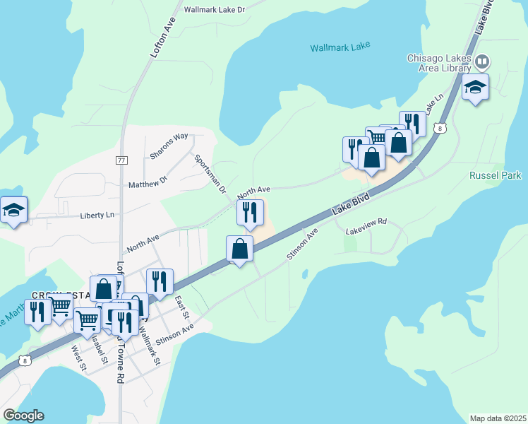 map of restaurants, bars, coffee shops, grocery stores, and more near 29583 Sportsman Drive in Chisago City