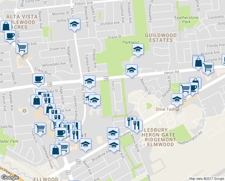 map of restaurants, bars, coffee shops, grocery stores, and more near 122 Finn Court in Ottawa