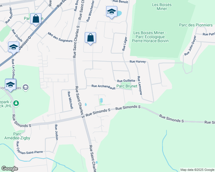 map of restaurants, bars, coffee shops, grocery stores, and more near 299 Rue Archambault in Granby