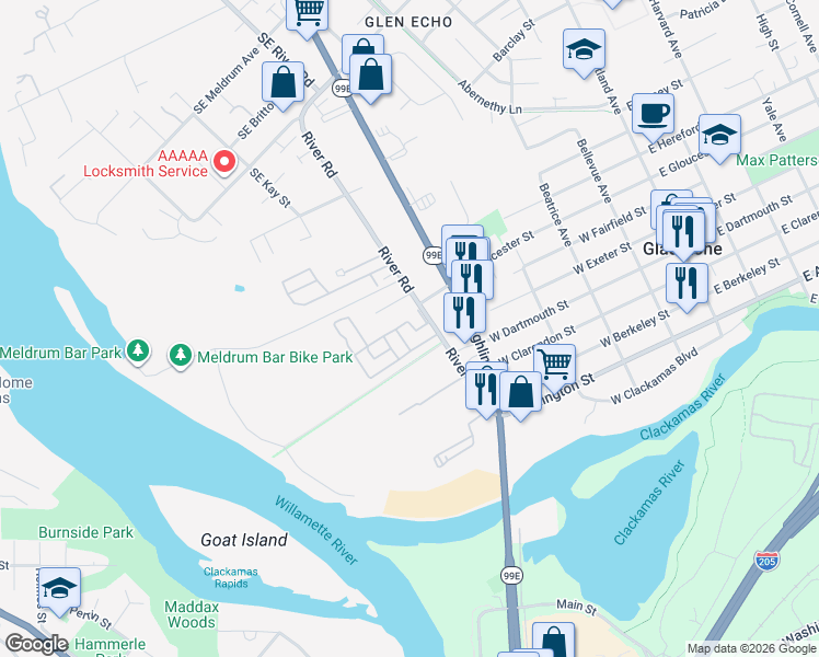 map of restaurants, bars, coffee shops, grocery stores, and more near 19605 River Road in Gladstone