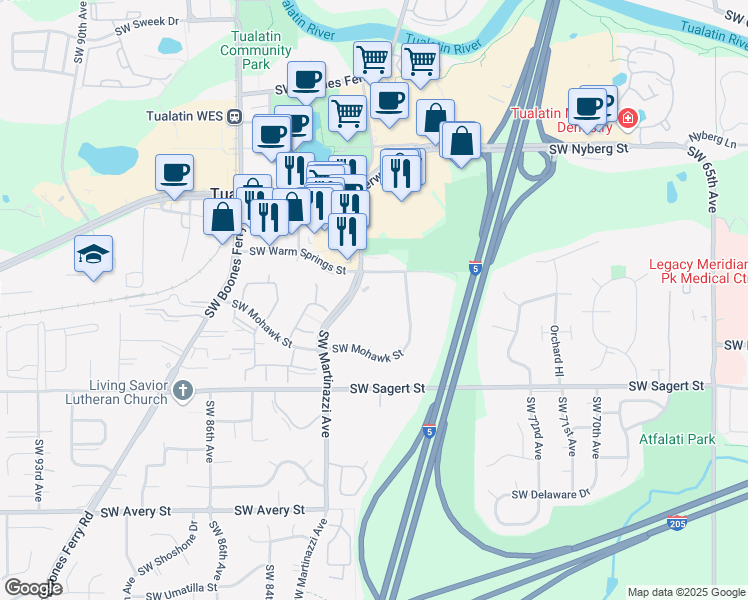 map of restaurants, bars, coffee shops, grocery stores, and more near 7571 Southwest Mohawk Street in Tualatin