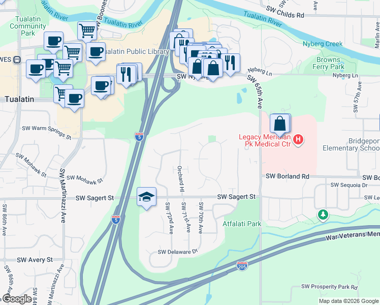 map of restaurants, bars, coffee shops, grocery stores, and more near 6991 Southwest Napa Drive in Tualatin